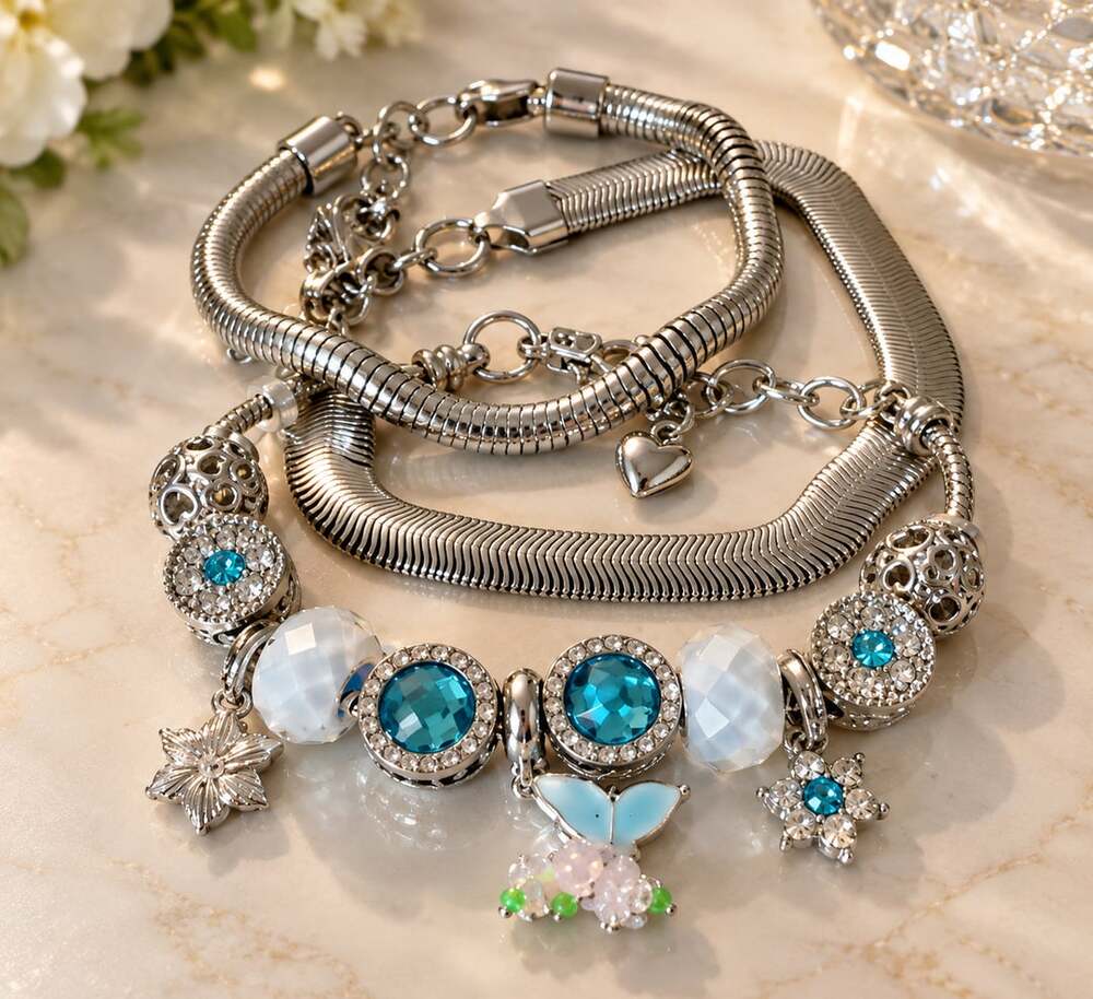 Pandora Style Silver Charm Bracelet with Blue Crystal and Bead Charms Set of 3
